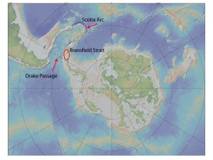 “This map of Antarctica and South America shows the locations of Bransfield Strait, Drake Passage, and Scotia Arc (South Sandwich Islands). Image courtesy of Sounds of the Southern Ocean 2006.” Image Source: http://1.usa.gov/1OoqHe6