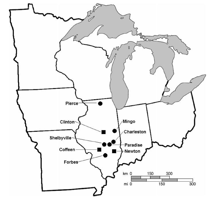Map of studied Illinois lakes. Squares represent “treated” lakes and circles represent control or “natural” lakes (Adapted from Molhollem et al. 2016)